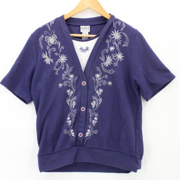 Vintage Koret Francisca Shirt Top Womens Navy Blue Short Sleeve V Neck Floral S - Picture 1 of 9